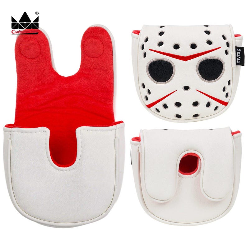 K&ouml;nnte beinhalten: Wei&szlig;e Golfschl&auml;gerhauben mit roten Akzenten. Eine Haube zeigt ein Hockeymasken-Design mit schwarzen Augen und roten Details. Eine andere Haube hat ein U-f&ouml;rmiges Design mit roter Innenseite. Die dritte Haube ist U-f&ouml;rmig.