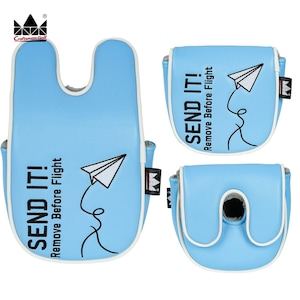 K&ouml;nnte beinhalten: Hellblaue Golf-Putter-Schl&auml;gerhauben mit wei&szlig;er Umrandung und dem Text "SEND IT! Remove Before Flight" sowie einer Papierflieger-Grafik. Die Hauben haben ein U-f&ouml;rmiges Design und ein Craftsman Golf-Logo.