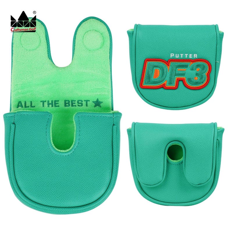 K&ouml;nnte beinhalten: Drei Golf-Putter-Schl&auml;gerhauben in Gr&uuml;nt&ouml;nen. Eine ist offen und zeigt ein weiches gr&uuml;nes Innere und den Text "ALL THE BEST". Die anderen beiden sind geschlossen, eine mit "PUTTER DF3" in Orange und Gr&uuml;n.