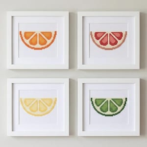Könnte beinhalten: Vier quadratische weiße Rahmen mit Kreuzstich-Stickereien von Zitrusfrüchtescheiben. Oben links eine Orangenscheibe, oben rechts eine rosa Grapefruitscheibe, unten links eine gelbe Zitronenscheibe und unten rechts eine grüne Limettenscheibe.
