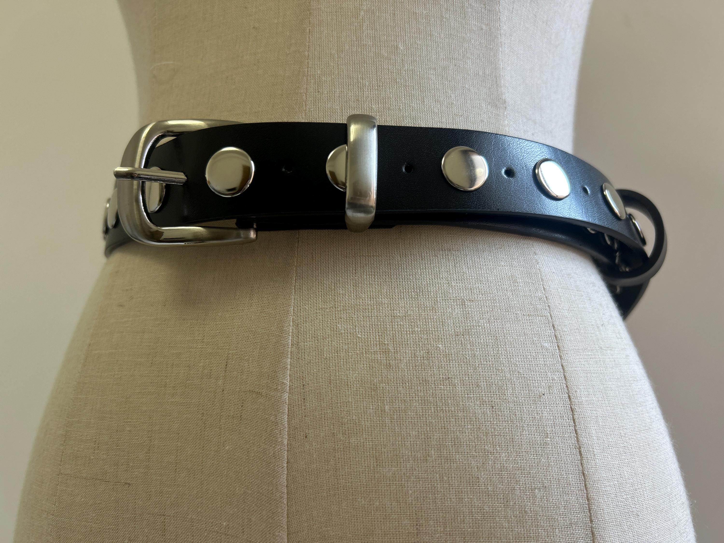 Vintage Black Studded Leather Belt - Silver Round Stud Punk  display picture 2