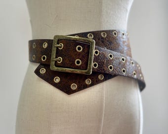 Thick Dark Brown Leather Floral Pierced Lacy Belt M L Boho  display picture 1
