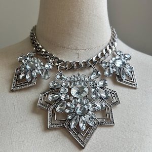 Kristall Geometrisk Blomma Statement Halsband - Retro Art Deco Grov Kedja Haklapp - Glamour Party Smycken
