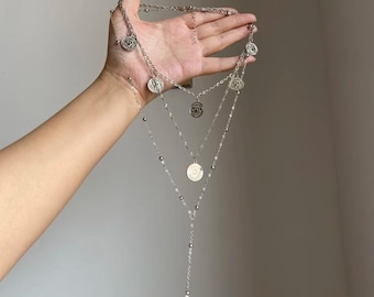 Vintage Coin Echoes Layered Necklace, 70s Boho Silver Chain, Retro Ancient Coin Jewelry, Gypsy Multi-Strand Bib