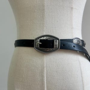 Black Faux Leather and Silver Embossed Medallions Wave Shaped Belt Size Small Wedding Belt Waves Embossed Leather Belt, Tooled Western  main image 3