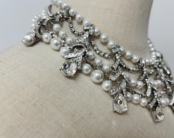 Pearl Crystal Bib Necklace, Silver Rhinestone Statement Collar, Bridal Teardrop Evening Jewelry