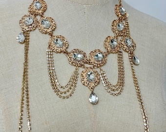 Gold Crystal Statement Necklace, Rhinestone Draped Collar, Baroque Chain Fringe Evening Jewelry