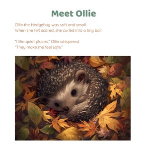 May include: Illustration of a hedgehog named Ollie curled up in a ball, surrounded by colorful autumn leaves. The image includes the text "Meet Ollie" and a short story about the hedgehog.