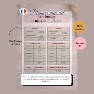 Puede incluir: Un planificador de presupuesto mensual en francés, con secciones para ingresos, ahorros, gastos fijos y variables. El planificador incluye el texto "Planner mensuel" y "Mon budget". Reutilizable e imprimible en formato A4.
