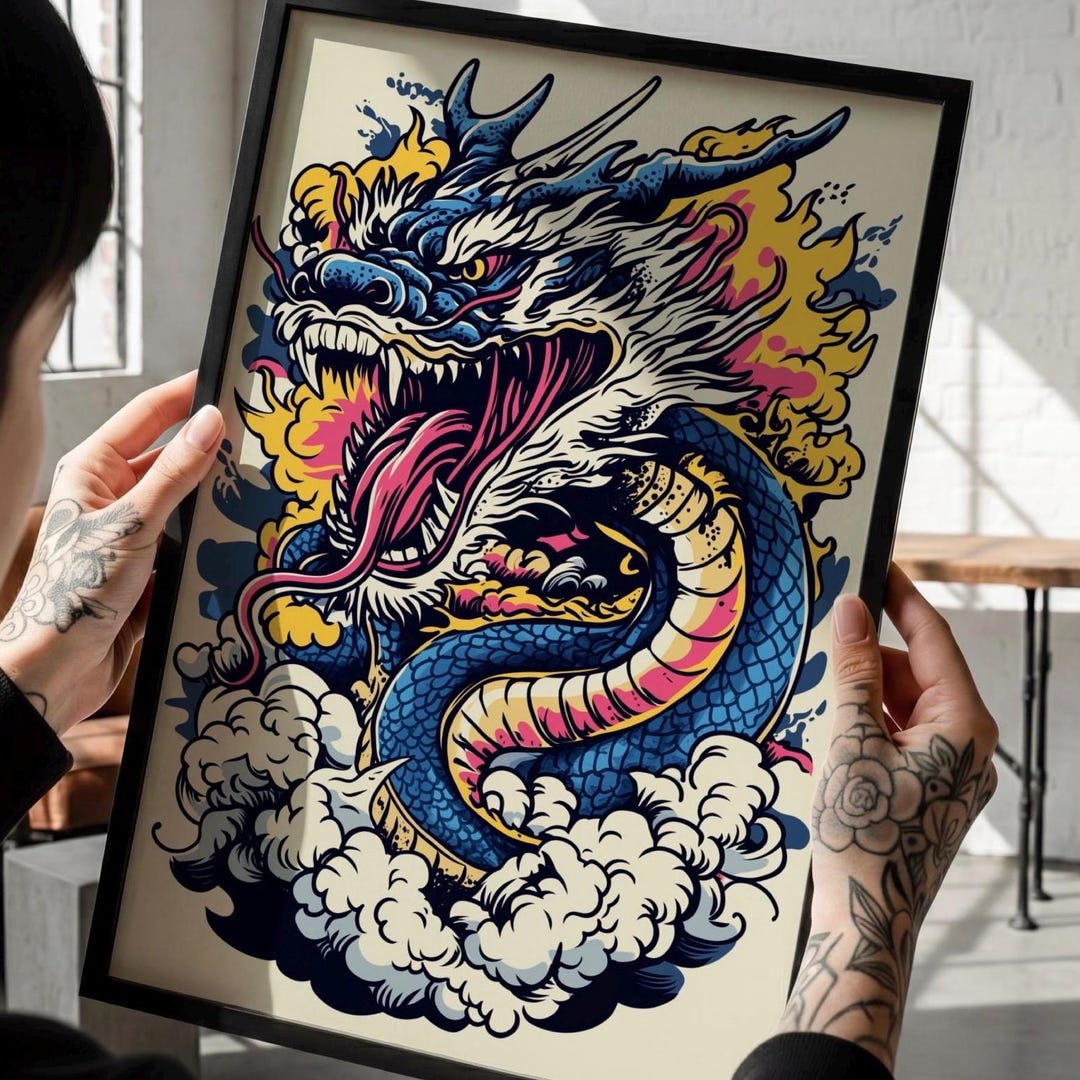 Irezumi Ryu Ryu Dragon Storm Print — Japanese Tattoo Flash Dragon Wall Art ...