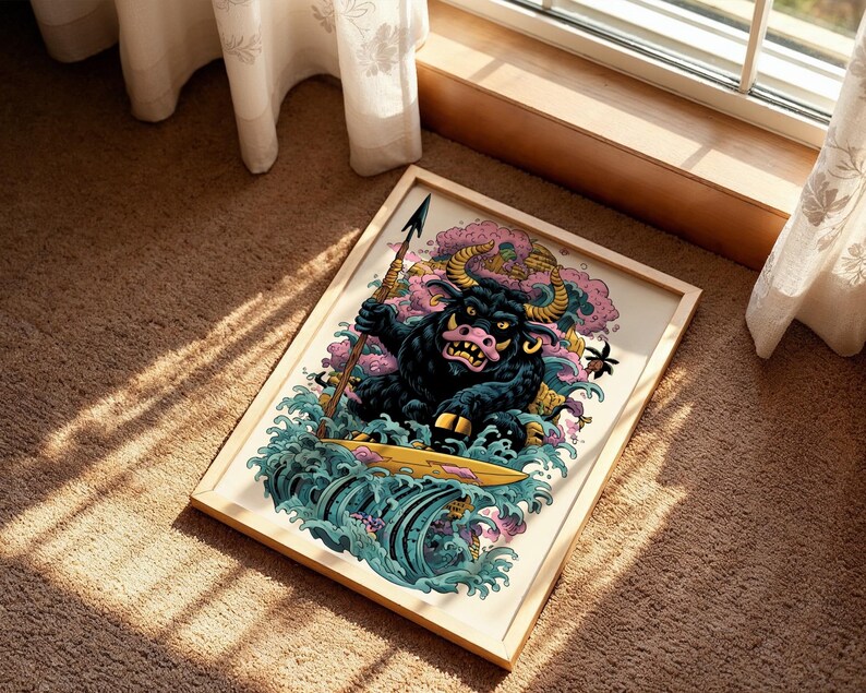 Surf Punk Bull Monster Art Print | Psychedelic Tattoo Style (digital ...
