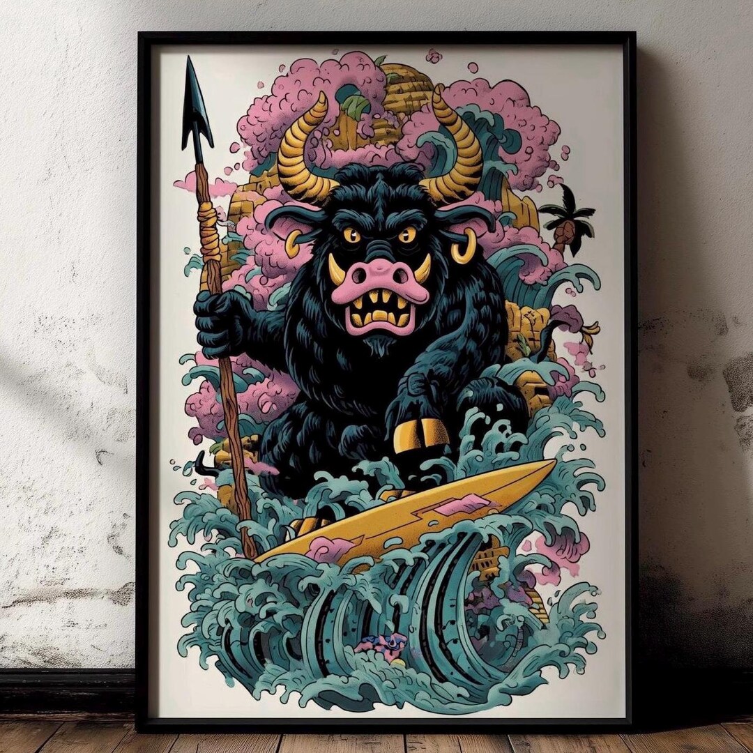 Surf Punk Bull Monster Art Print | Psychedelic Tattoo Style (digital ...