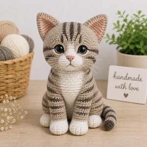 Op de afbeelding: Een handgemaakte gehaakte kattenfiguur in tinten beige, bruin en wit. De kat heeft grote, expressieve ogen, een roze neus en gestreepte patronen. De figuur zit rechtop met zijn staart opgerold. Een klein bordje leest "handmade with love".