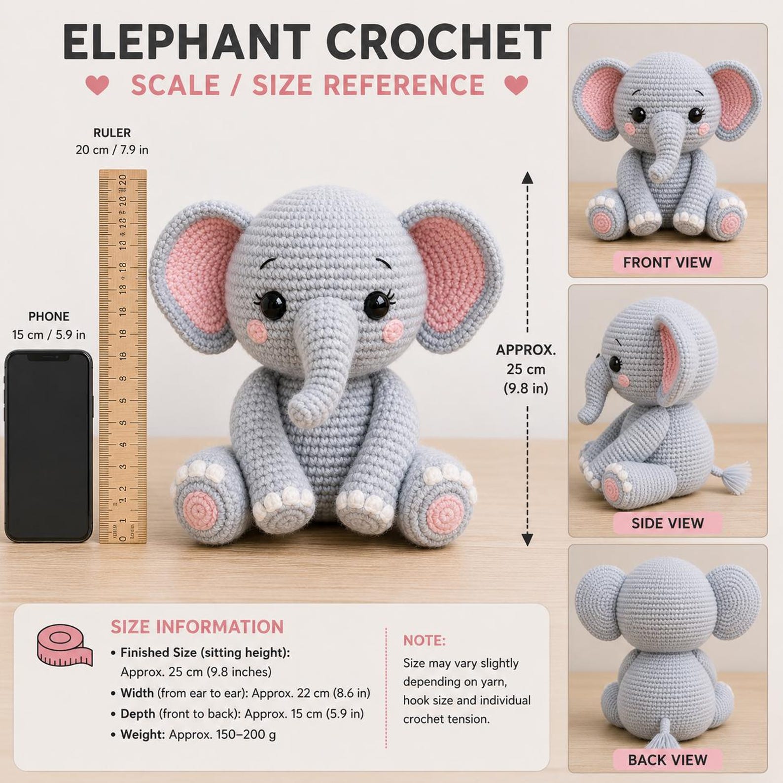 Cute Elephant Crochet Pattern PDF | Easy Amigurumi Elephant Tutorial ...