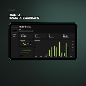 Op de afbeelding: Een digitale tablet met een Power BI vastgoeddashboard. Het scherm toont een maandelijks overzicht met financiële gegevens, waaronder verkoopcijfers en omzetgrafieken. De tekst "POWER BI REAL ESTATE DASHBOARD" staat bovenaan.