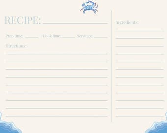 Blue Crab Recipe Card Template | Coastal Kitchen Printable (5x7 Download)