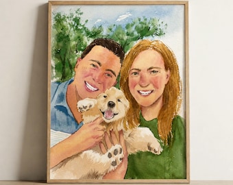 Paar mit Golden Retriever Aquarell Porträt, benutzerdefinierte Hund Katze Gemälde vom Foto