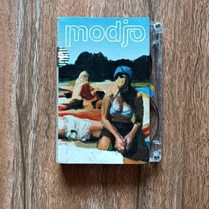 Peut inclure: Un petit livre rectangulaire avec le mot "modjo" en bleu clair. La couverture représente une scène de plage avec des personnages en maillots de bain. Le livre est dans un étui en plastique transparent, sur une surface en bois.