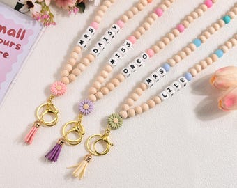 Regalo personalizzato per ringraziare l'insegnante, cordino in legno con perline e nome personalizzato, regalo di fine anno per lei