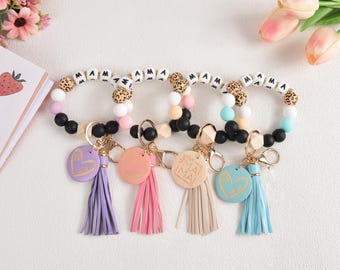 Llavero de pulsera para mamá, llavero con cuentas de leopardo, regalo del Día de la Madre para mamás primerizas