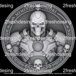 May include: A grayscale medallion featuring a skull-faced figure in armor, surrounded by smaller skulls. The words "MEMENTO MORI" are inscribed around the figure's head. The design includes the text "2freshdesing" repeated around the edges.