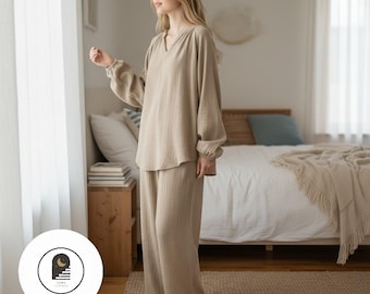 Damen-Baumwollpyjama-Set, langärmelig, butterweiches Loungewear-Set, bequemer und kuscheliger Pyjama, lässige Loungewear, ideales Geschenk für Nachtwäsche