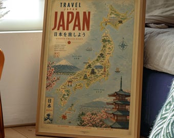 Japan Travel Map Poster | Japanese Wall Art | Japan Landmarks | Retro Print
