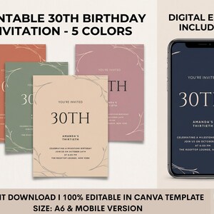 May include: A set of printable 30th birthday invitation templates in five colors, including terracotta, sage green, beige, mauve, and dark navy. The designs feature thin line art borders, the text 30TH, and customizable event details.