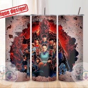 May include: Three stainless steel tumblers with a wraparound design featuring characters from a science fiction series. The design includes a red and black background with the text "unique design!" in a red rectangle.