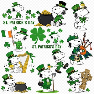 May include: A collection of Snoopy illustrations celebrating St. Patrick's Day. Snoopy is depicted in various green outfits, including a leprechaun hat, holding a pot of gold, playing bagpipes, and carrying a Celtic cross. The text "St. Patrick's Day" is also present.