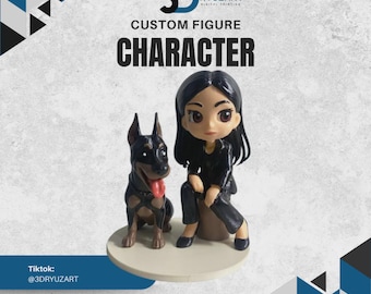 Op de afbeelding: Een op maat gemaakte figuur met een vrouw en een Dobermann Pinscher-hond. De vrouw draagt een zwarte outfit en de hond is bruin en zwart. De figuur staat op een ronde basis. De tekst op de afbeelding luidt "3D RYUZART CUSTOM FIGURE CHARACTER".