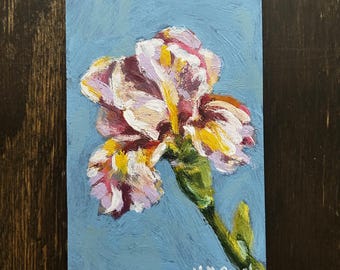 Original Blumengemälde - 4 x 6 Zoll strukturiertes Kunstwerk, blauer Himmel Hintergrund