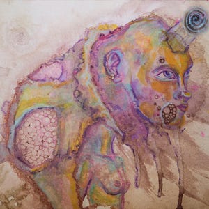 May include: Watercolor painting of a surreal figure with a face, torso, and a spiral-shaped horn. The figure is rendered in shades of yellow, purple, and blue, with a textured, organic appearance. The background is a muted brown.