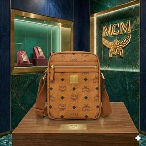 Borsa a tracolla MCM realizzata a mano in pelle monogrammata color cognac Visetos.