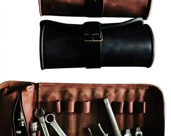 Handmade Black Classic Cowhide Leather Tool Roll Bag Wrench Organizer Car Trunk Storage Case