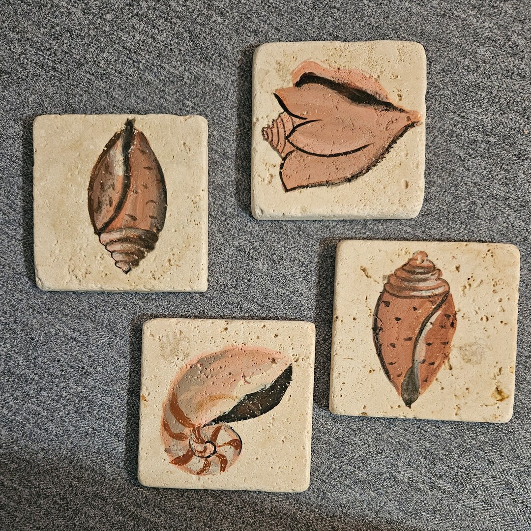 Seashell Ceramic Tile Coaster Set - Hand Painted - Etsy