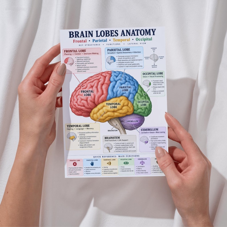 Brain Lobes Anatomy Poster Printable, Four-lobe Study Chart PDF - Etsy