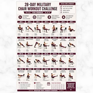 May include: A 28-Day Military Chair Workout Challenge chart for women, featuring illustrated exercises. The chart includes daily routines, with instructions for each exercise, sets, and reps. It promotes core and mobility, with no gym needed.