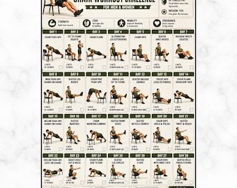 28 Day Military Chair Workout Challenge, Seated Bodyweight Fitness Plan, Chair Exercise Poster PDF