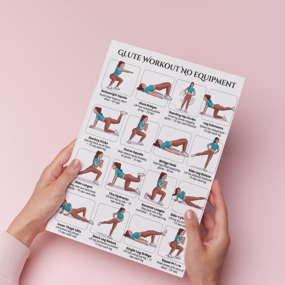 Glute Workout No Equipment Printable PDF, Glutes Exercise Chart, Lower ...