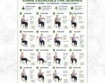 Esercizi da seduti con elastici di resistenza per anziani, tabella di allenamento per la mobilità da seduti, poster PDF per esercizi a casa per la prevenzione delle cadute negli anziani