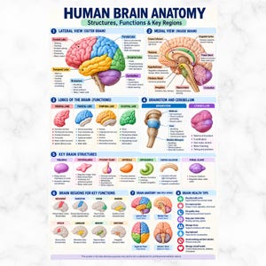 May include: An educational poster titled Human Brain Anatomy featuring eight sections with detailed illustrations of brain structures, lobes, and functions. The chart uses color-coded diagrams to label the frontal, parietal, temporal, and occipital lobes, brainstem, cerebellum, and key internal structures with descriptive text.