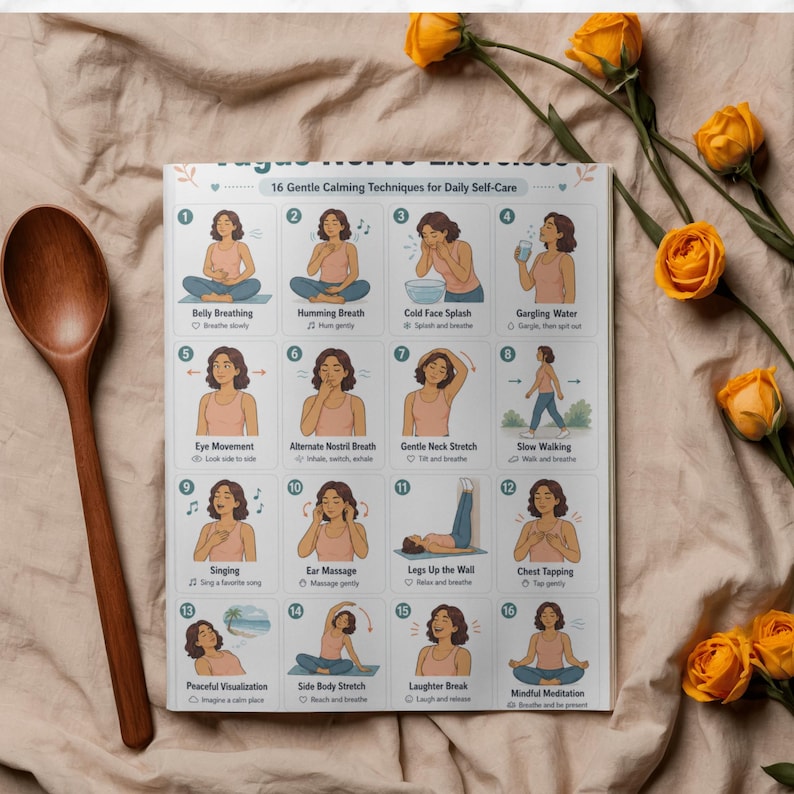 May include: A white poster with illustrations of 16 gentle calming techniques for daily self-care. The poster includes illustrations of belly breathing, humming breath, and mindful meditation. A wooden spoon and yellow roses are also in the image.