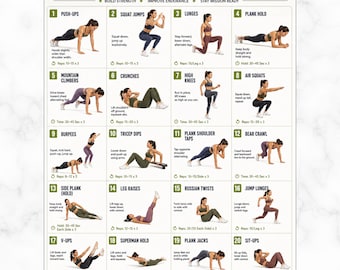 Piano di allenamento di calisthenics militare stampabile, tabella di allenamento a corpo libero per tutto il corpo, poster in stile bootcamp, allenamento fitness a casa senza attrezzatura, PDF