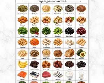 Magnesium Rich Foods List Printable, High Magnesium Food Chart PDF, Magnesium Deficiency Diet Grocery, Heart Healthy Nutrition Wall Poster