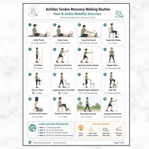 May include: An Achilles Tendon Recovery Walking Routine chart featuring sixteen numbered illustrations of heel and ankle mobility exercises, a four-week walking progression schedule, and tips for success, all presented on a white background.