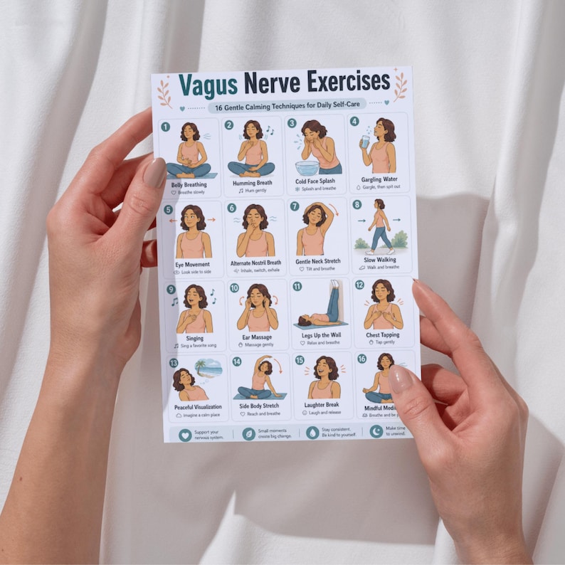 May include: A printed guide titled "Vagus Nerve Exercises" with 16 gentle calming techniques for daily self-care. The guide features illustrations of exercises like belly breathing, humming breath, and slow walking. The guide is held by a person.
