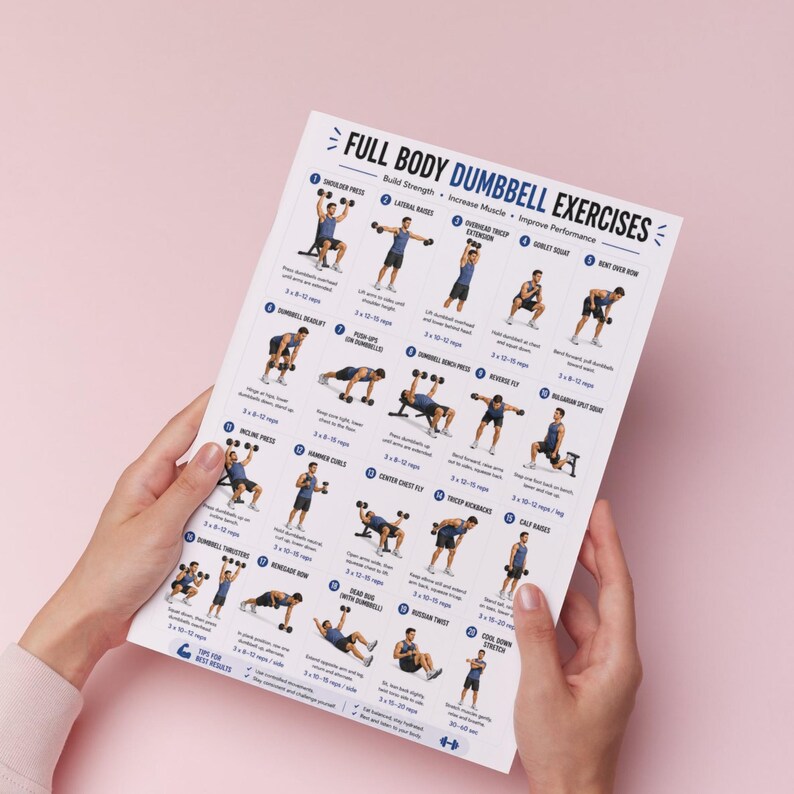May include: A white sheet with the title "FULL BODY DUMBBELL EXERCISES" and illustrations of various dumbbell exercises. The sheet is held by a person against a pink background. The exercises are designed to build strength, increase muscle, and improve performance.