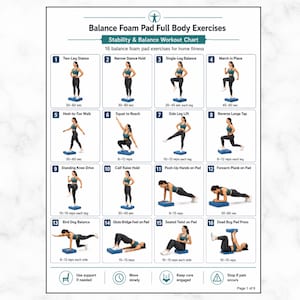 Puede incluir: Un póster instructivo blanco titulado Balance Foam Pad Full Body Exercises que presenta dieciséis ilustraciones numeradas de una persona realizando varios ejercicios de estabilidad y equilibrio sobre una almohadilla de espuma azul, con texto y tiempos.