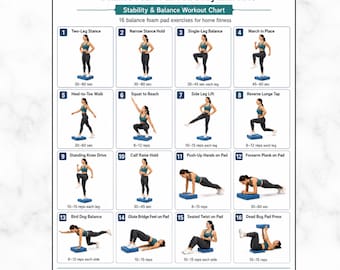 Balance Foam Pad Full Body Exercises Printable, Stability & Balance Workout Chart, Balance Disc Home Fitness Poster PDF Guide